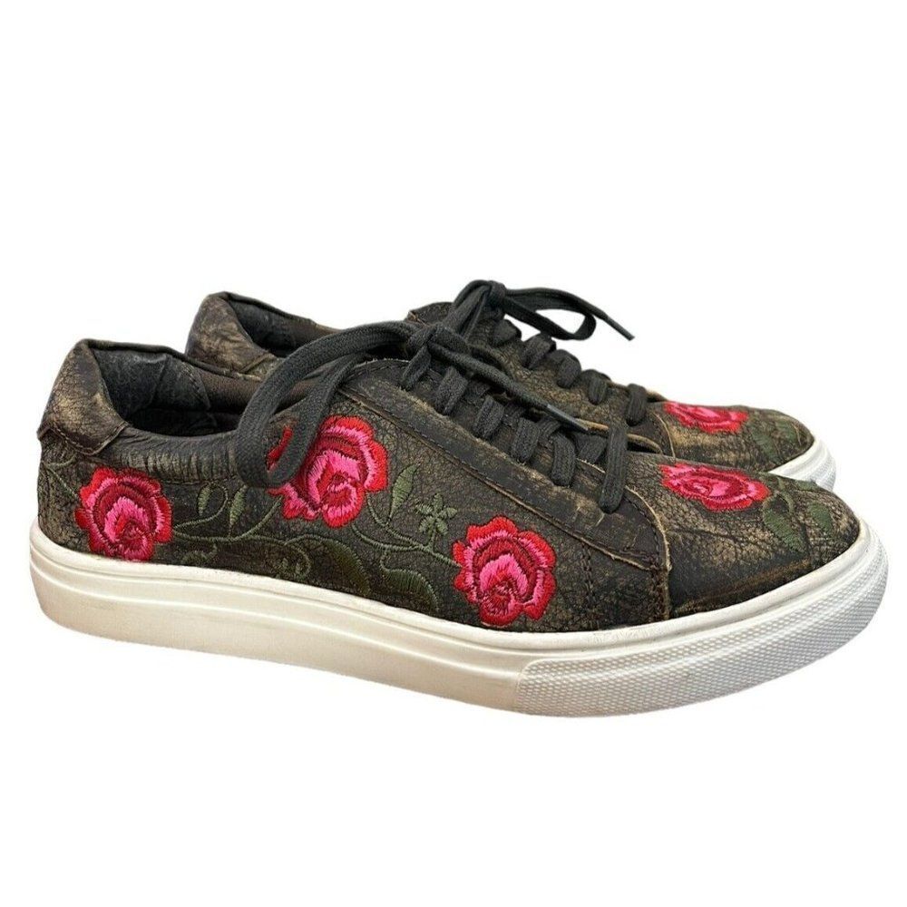 Roper Womens 6 Embroidered Rose Sneakers Brown Leather Madeline Shoes Lace Up